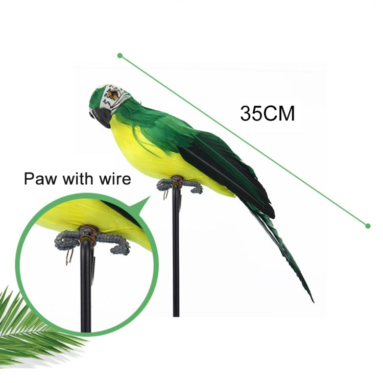 Green and yellow simulated parrot decoration with black wire stake, 35cm