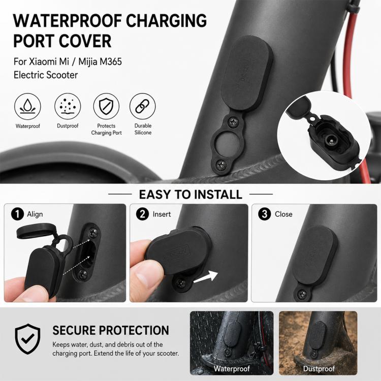 Black silicone charging port cover with tether ring for electric scooter, close view