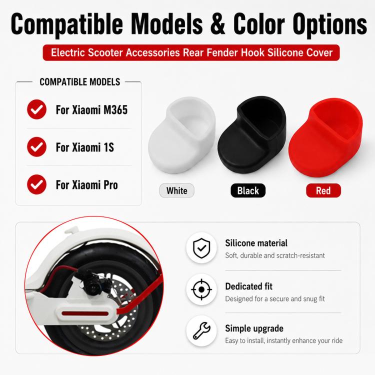 Silicone rear fender hook covers in white, black, and red