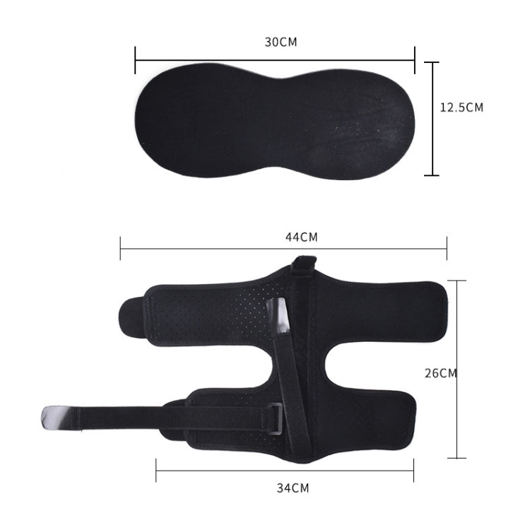 Black foot splint orthosis shown with length and width dimension diagram, open toe