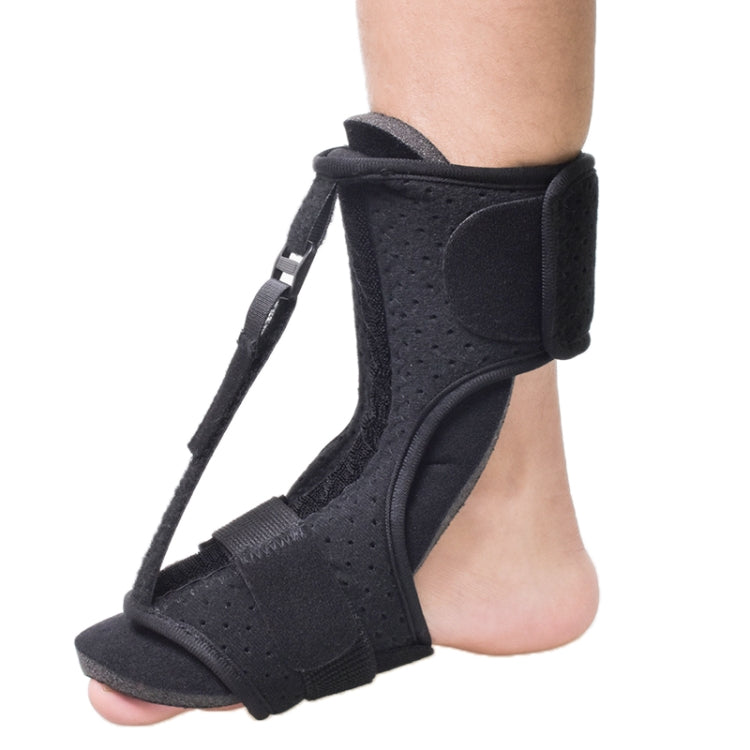 Black ankle brace with firm inner support and open-toe design, worn on foot