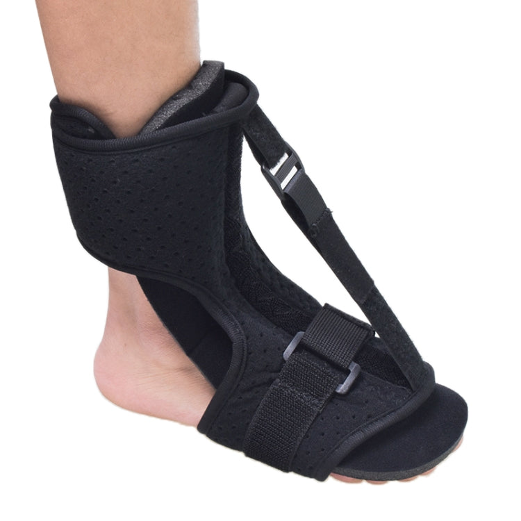 Black plantar fasciitis splint with adjustable straps and heel cuff, angled view