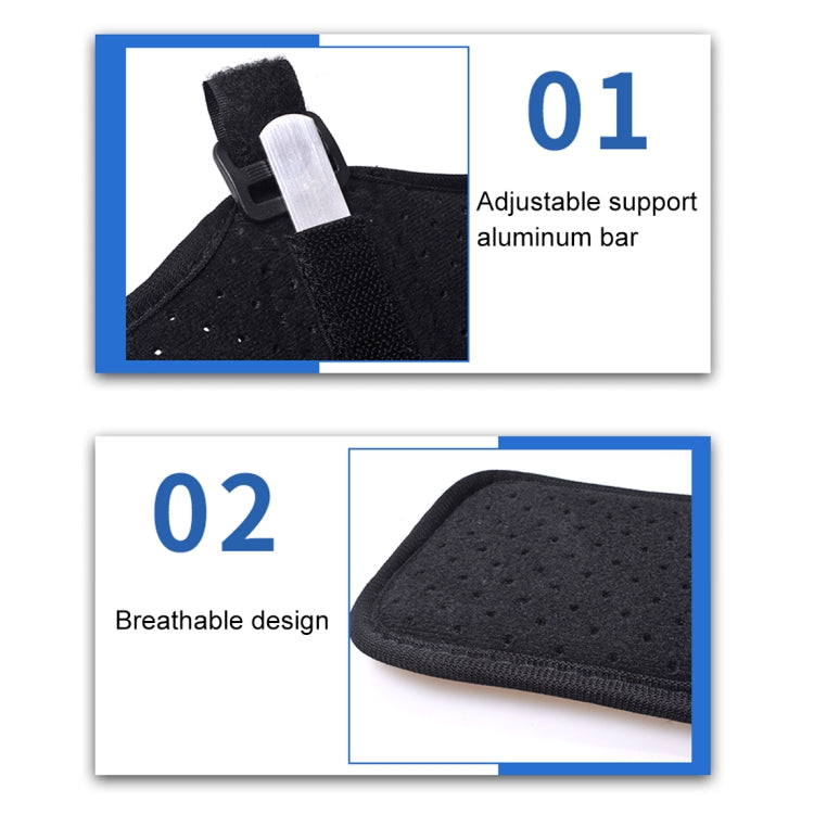 Black ankle splint with adjustable support bar and perforated breathable fabric