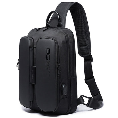 Black sling chest bag with front organizer pocket, top handle, and adjustable strap