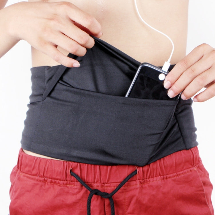 Black stretch waist pocket bag holding a smartphone in an elastic compartment