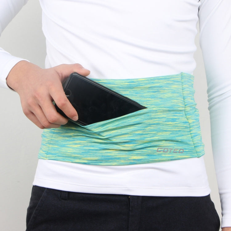 Yellow-green striped XL phone pocket bag holding a smartphone at waist
