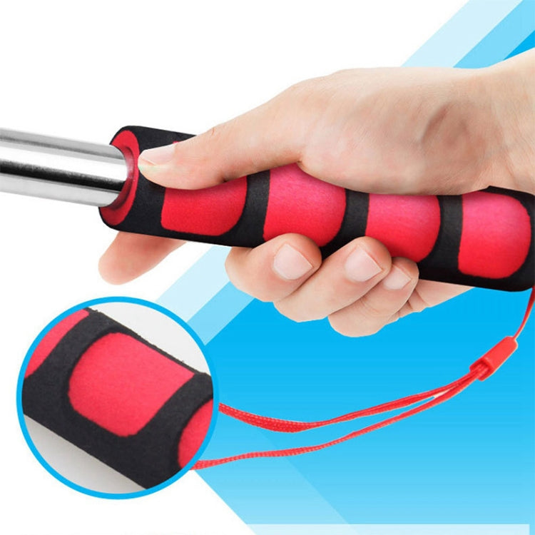 Telescopic teaching flag pole with red rubber grip held by hand, blue lanyard cord