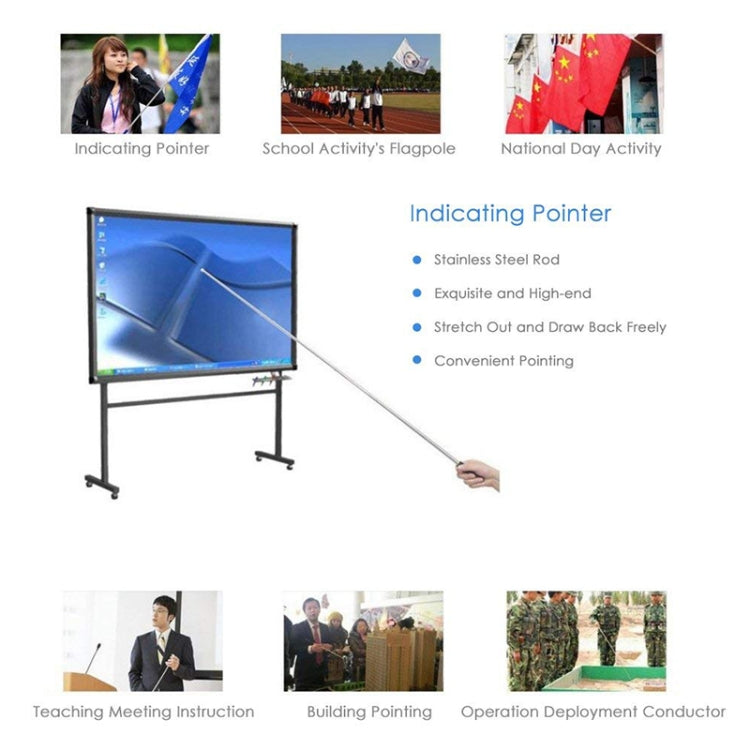 Telescopic teaching flag pole infographic featuring stainless steel rod and sponge handle