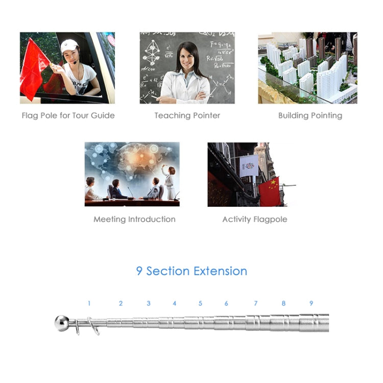 9-section telescopic flag pole extension illustration with silver shaft and grip