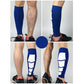 Blue athletic knee braces with white geometric panel, worn for outdoor sports