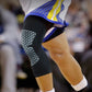 Breathable black knee sleeve with white lattice impact pad and blue/yellow strap