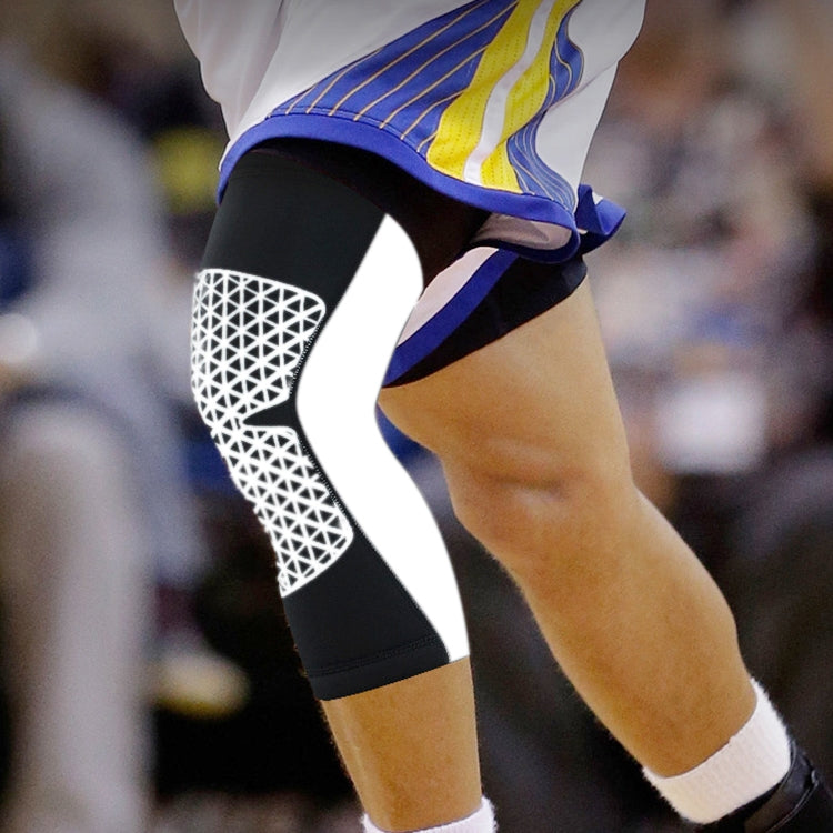 Blue and yellow fabric knee sleeve with white grid knee pad, breathable sports guard