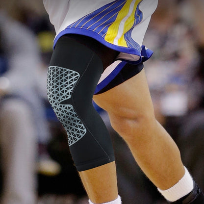 Black breathable knee sleeve with white geometric panel for impact protection