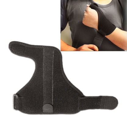 Black thumb wrist sprain protector with open thumb support and wraparound strap
