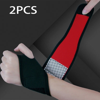 Self-heating compression wristband, black strap with red inner heating panel