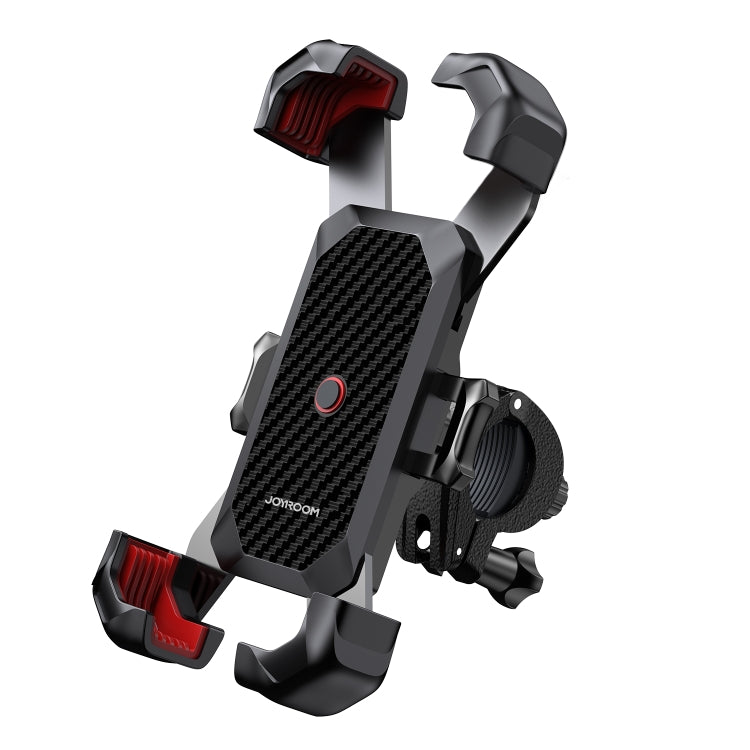 Black bike phone mount holder with adjustable clamp and red trigger pads