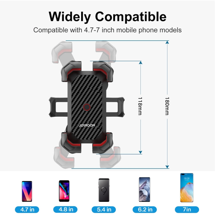 Black carbon-fiber style phone holder with red side grips and expandable arms