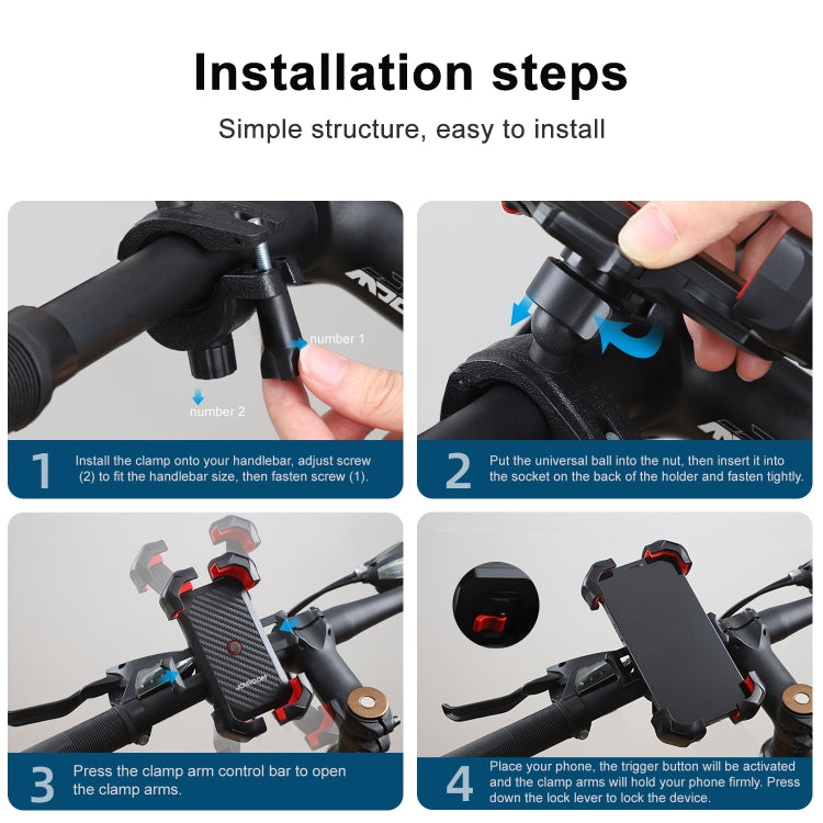 Black bike phone mount with clamp arms and red accent release mechanism