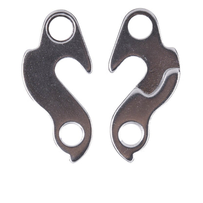 Pair of dark alloy rear derailleur tail hook plates with two mounting holes