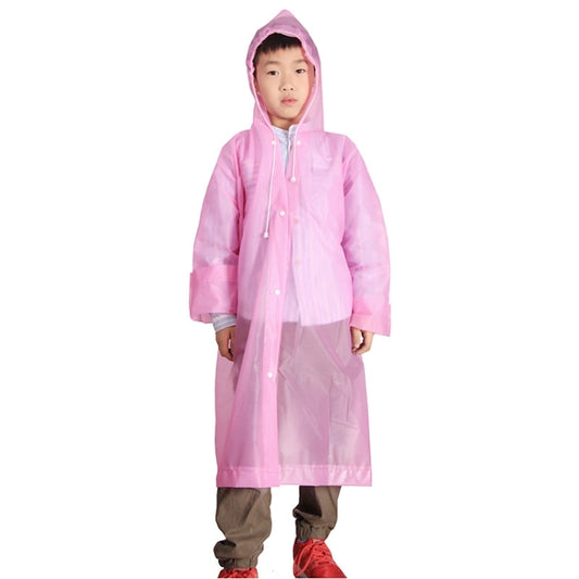 Children's pink hooded raincoat, front button placket and drawstring at neck