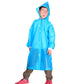 Children's blue hooded raincoat with long sleeves, button front, and drawstring hood