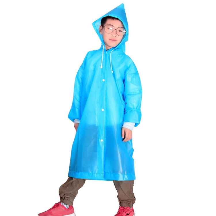 Children's blue hooded raincoat with long sleeves, button front, and drawstring hood