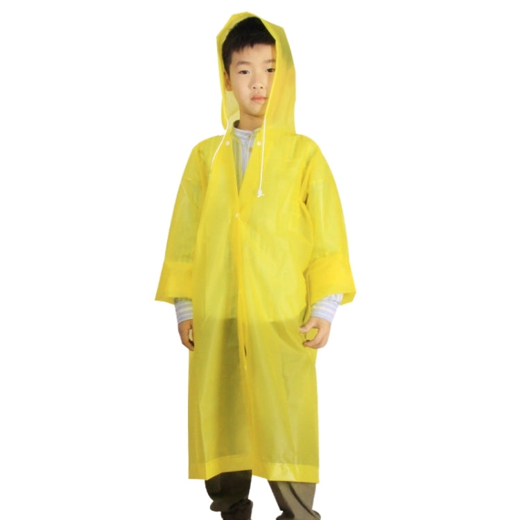 Children's yellow hooded raincoat with drawstring hood and knee-length coverage