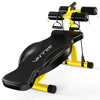 Yellow and black abdominal curl exercise bench with padded supine board and roller pads