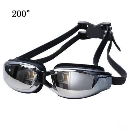 Black and clear anti-fog swimming goggles with mirrored silver lenses and silicone strap