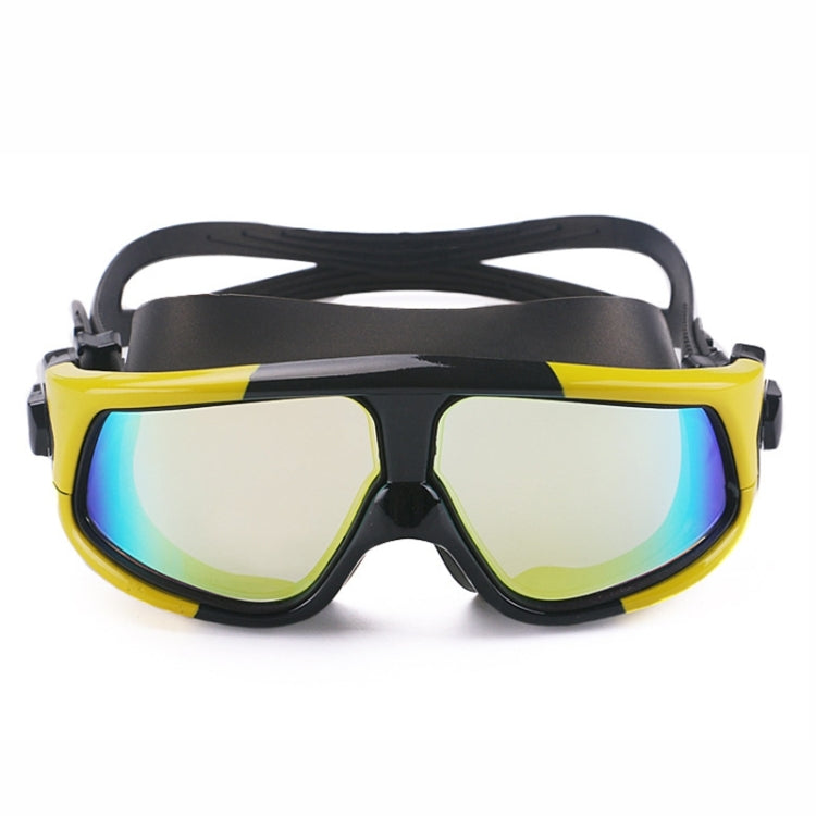 Yellow and black anti-fog swim goggles with large mirrored lenses and adjustable strap