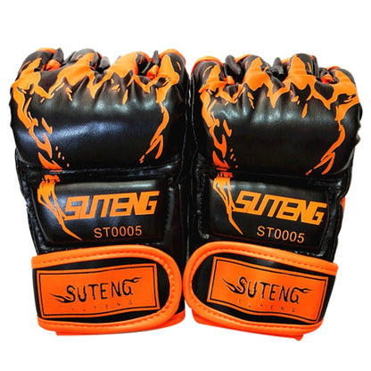 Black half-finger boxing gloves with orange flame print and logo wrist patch