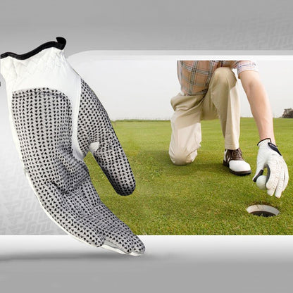 White left-hand golf glove with textured anti-slip palm and black wrist trim