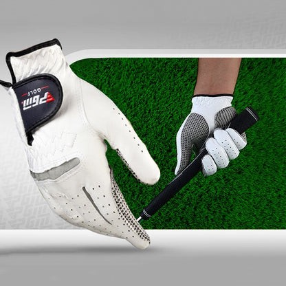 White right-hand sheepskin golf glove with black wrist strap and perforated fingers