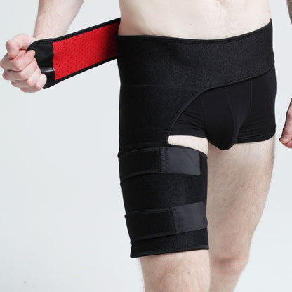 Black hip and thigh protection sleeve with cushioned straps and cutout panel.