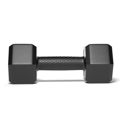 Hexagon dumbbell pair with black hex heads and textured silver handle bar