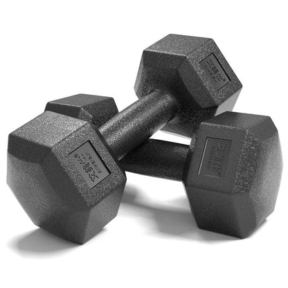 Hexagon dumbbell pair, dark gray textured hex heads and straight knurled handle