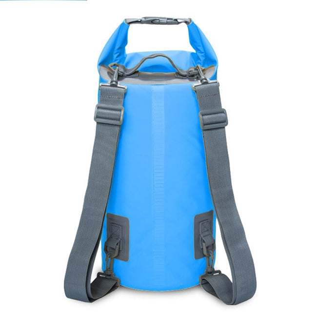 Blue waterproof dry bag with roll-top closure and dual adjustable shoulder straps.