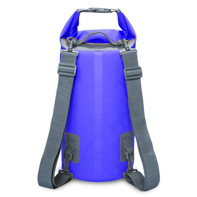 Blue 15L waterproof dry bag with roll-top closure and dual shoulder straps