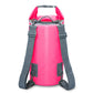 Pink 15L waterproof dry bag with roll-top closure and dual shoulder straps