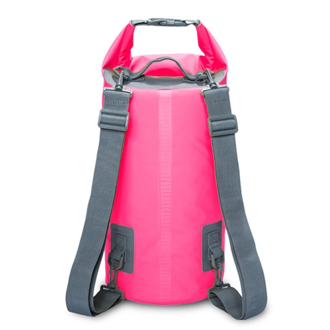 Pink 15L waterproof dry bag with roll-top closure and dual shoulder straps