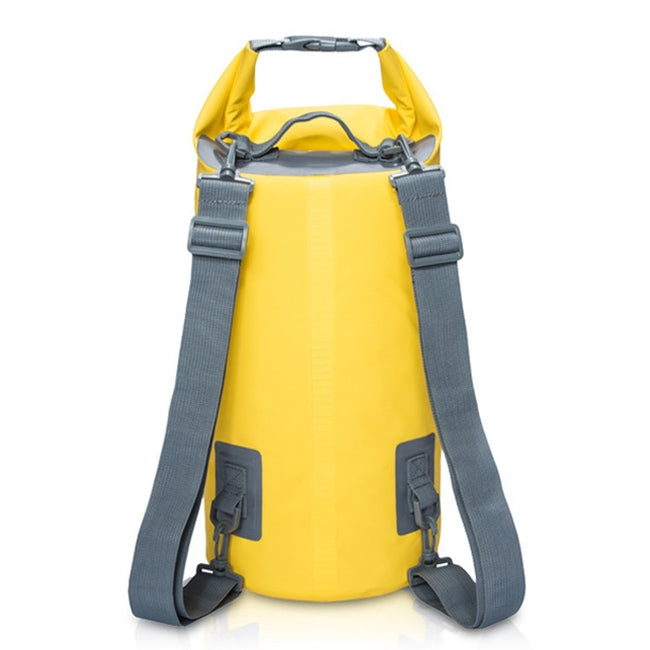 Yellow 15L waterproof dry bag with roll-top closure and dual shoulder straps