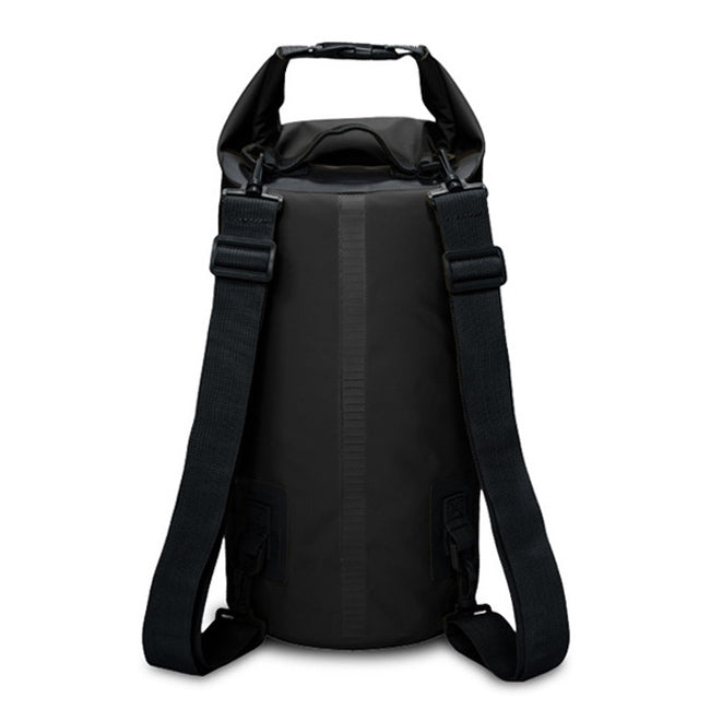 Black waterproof dry sack bag with dual shoulder straps and roll-top closure
