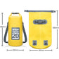 Yellow waterproof dry bag with roll-top closure, marked 20L, dual carry straps