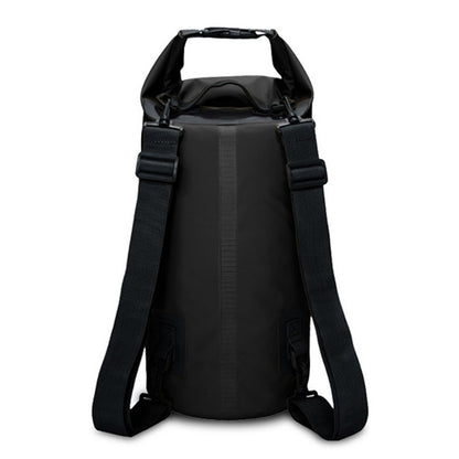 Black waterproof dry sack bag with dual shoulder straps and roll-top closure