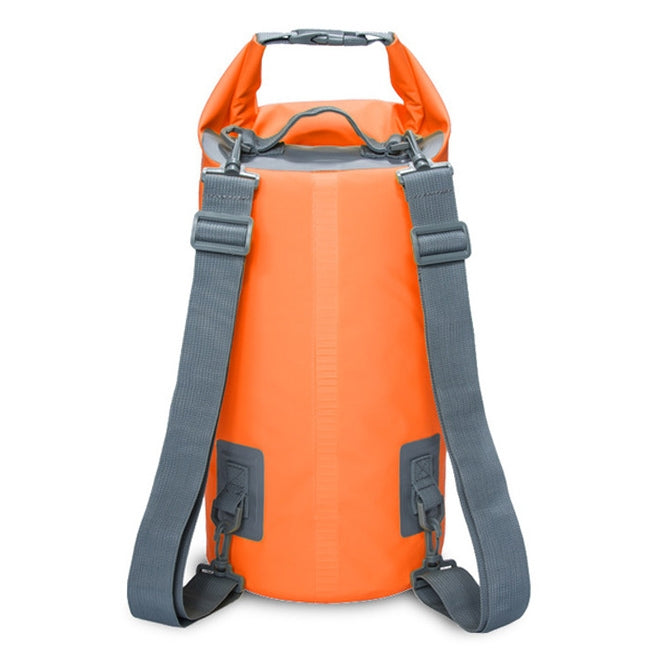 Orange waterproof dry bag with dual shoulder straps and roll-top buckle closure, 20L.