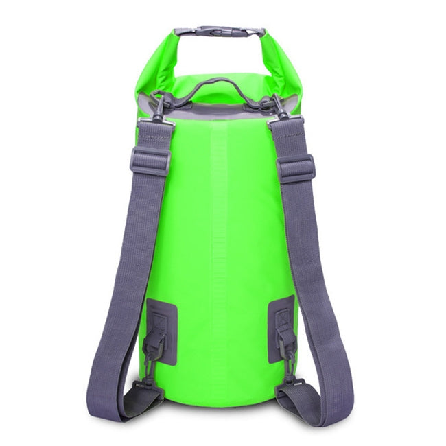 Green waterproof dry bag with dual shoulder straps and roll-top buckle closure, 20L.