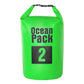2L waterproof dry sack PVC barrel bag, green with Ocean Pack 2 label
