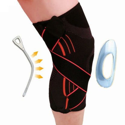 Black XL knee support guard with red compression lines and silicone anti-slip panel