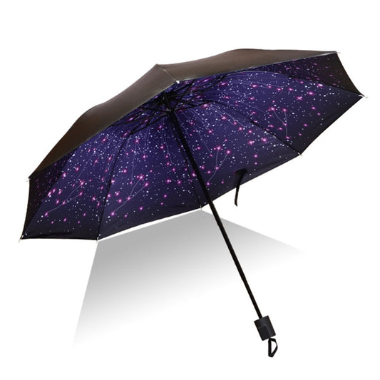 Open black UV-protective umbrella with a purple starry pattern and wrist strap