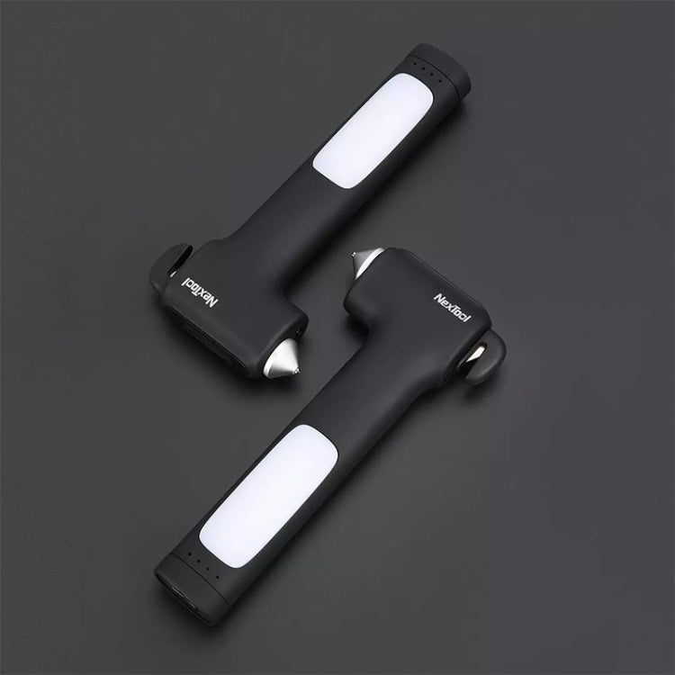 Emergency survival hammer with bright white light bar and dark body, shown at angles